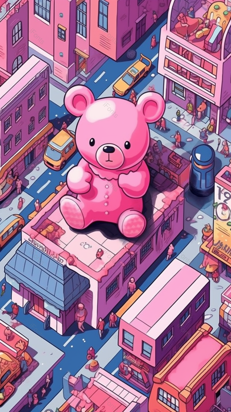 商场楼顶一只玩具小熊楼房房屋城市六一儿童节背景粉色插画,插画/手绘图,插画/手绘图库,插画/手绘图下载,插画/手绘